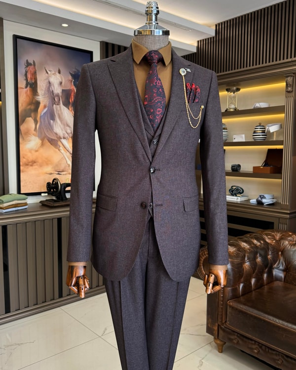 İtalyan stil ceket yelek pileli pantolon takım elbise bordo T11290