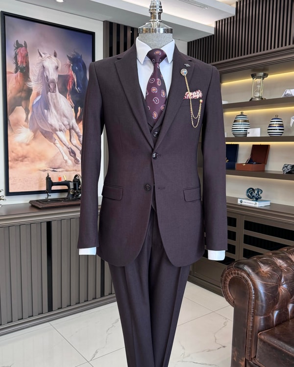 İtalyan stil ceket yelek pileli pantolon takım elbise bordo T11305