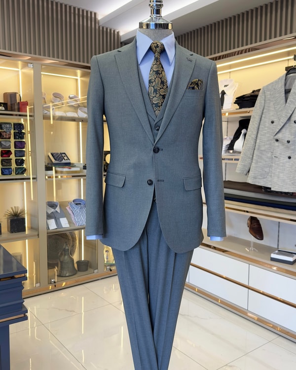 İtalyan stil ceket yelek pileli pantolon takım elbise gri T11297