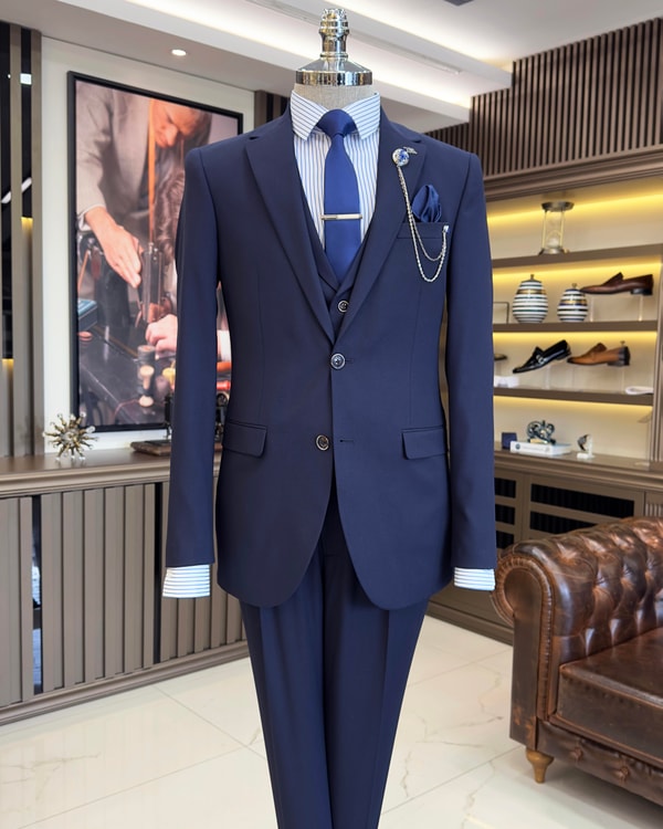İtalyan stil ceket yelek pileli pantolon takım elbise lacivert T11294
