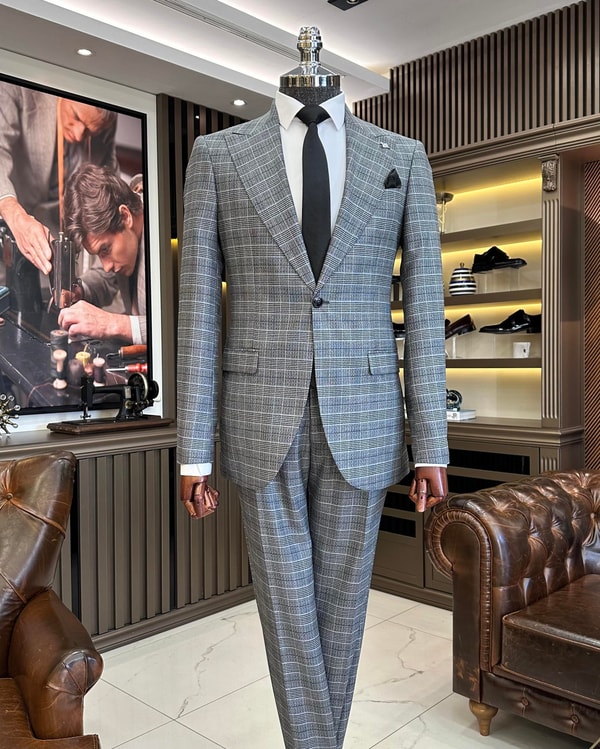İtalyan stil ekose ceket pantolon takım elbise gri T10990