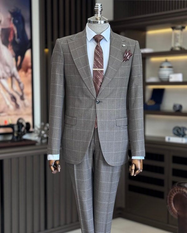 İtalyan stil ekose ceket pantolon takım elbise kahverengi T10720