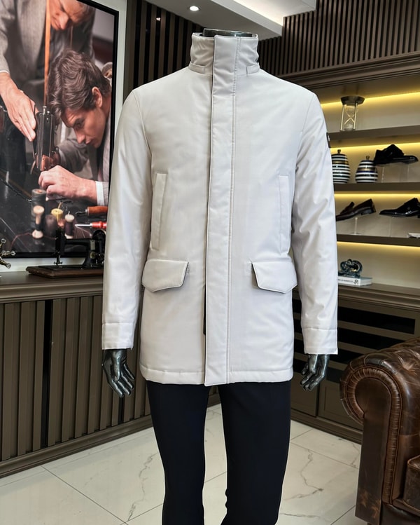 İtalyan stil erkek kapüşonlu şişme mont bej T10391