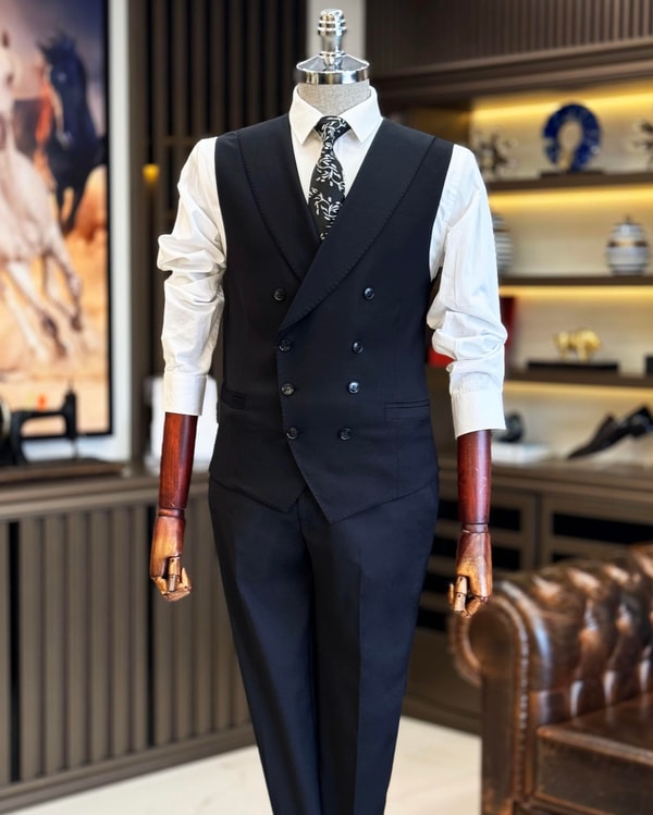 İtalyan stil erkek yelek pantolon takım elbise siyah T12200