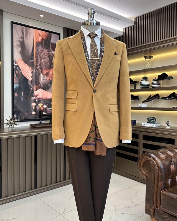 İtalyan stil kadife erkek tek ceket camel T11040