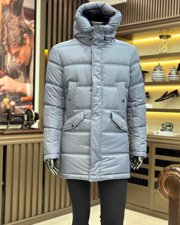İtalyan stil kapüşonlu uzun şişme soğuk iklim montu mavi T10488