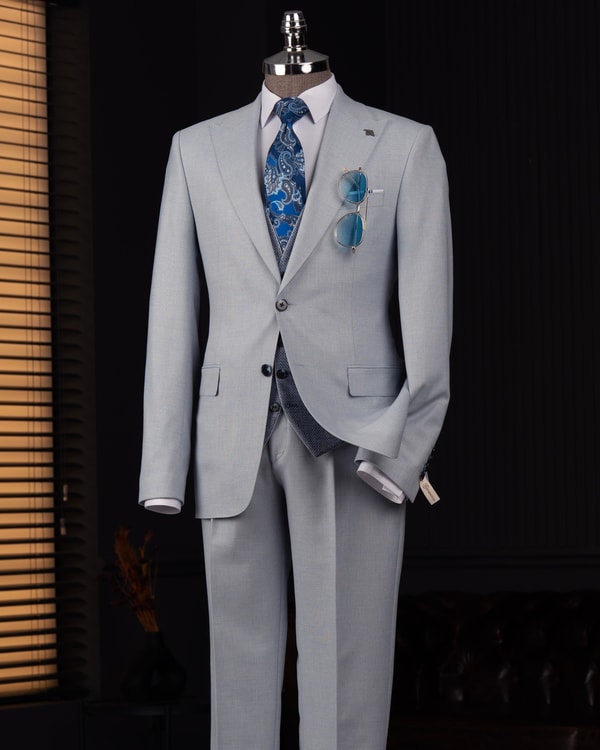 İtalyan stil kombin takım elbise ceket yelek pantalon mavi T14038