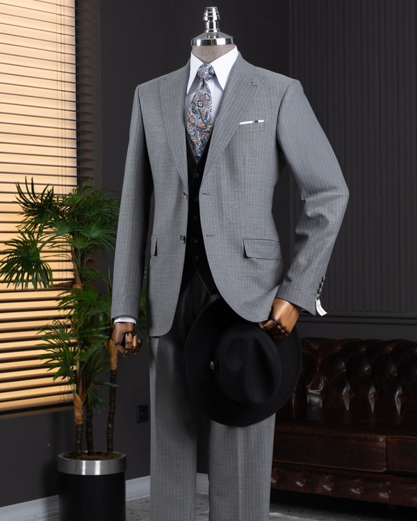 İtalyan stil kombin takım elbise ceket yelek pantalon gri T14044