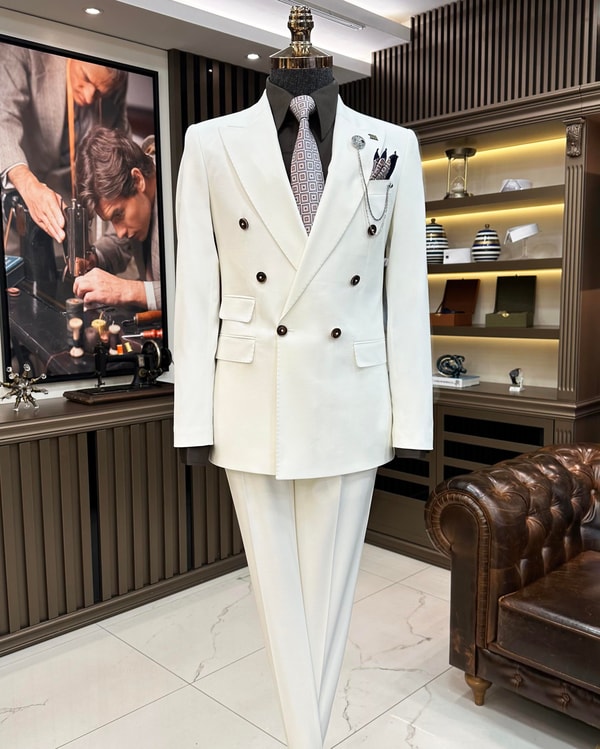 İtalyan stil kruvaze ceket pantolon erkek takım elbise beyaz T11089