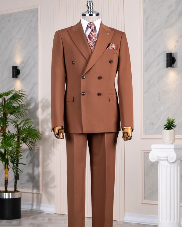 İtalyan stil kruvaze ceket pantolon takım elbise kahverengi T14387