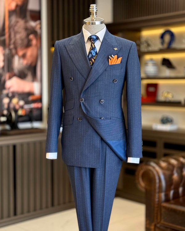 İtalyan stil kruvaze ceket pantolon takım elbise lacivert T12256