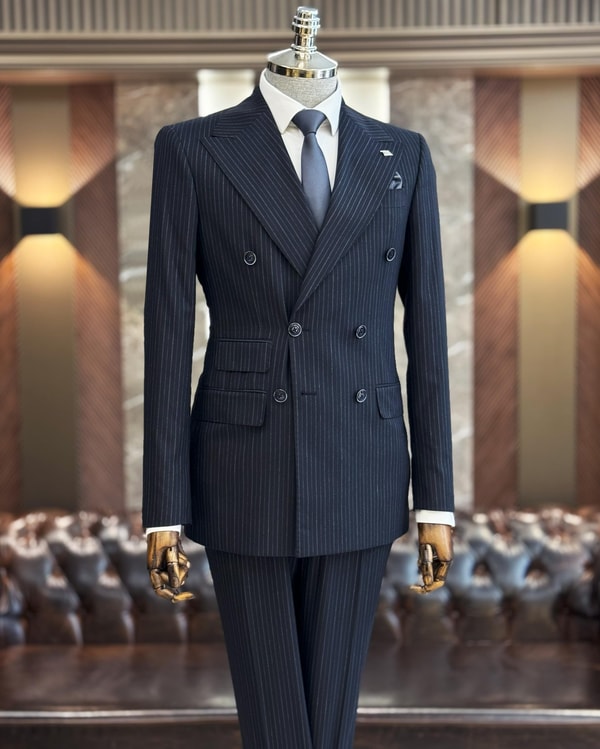 İtalyan stil kruvaze ceket pantolon takım elbise lacivert T11914