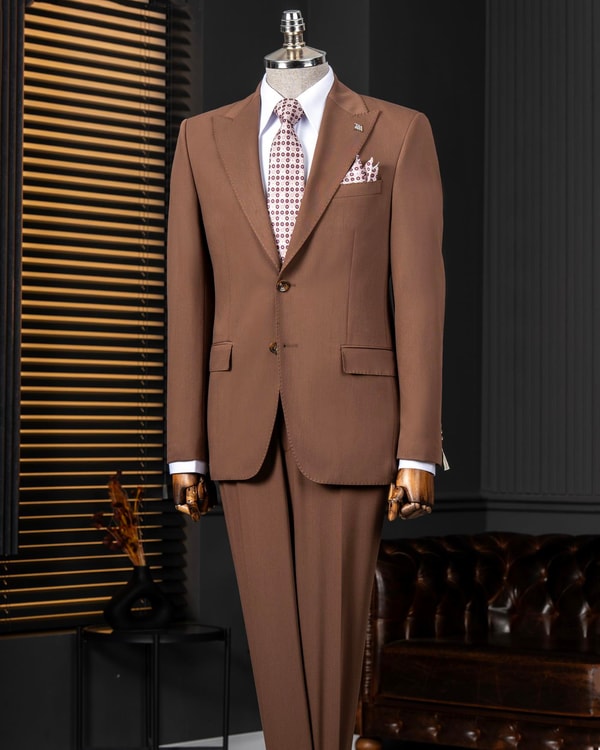 İtalyan stil kruvaze ceket pantolon takım elbise kahverengi T14007