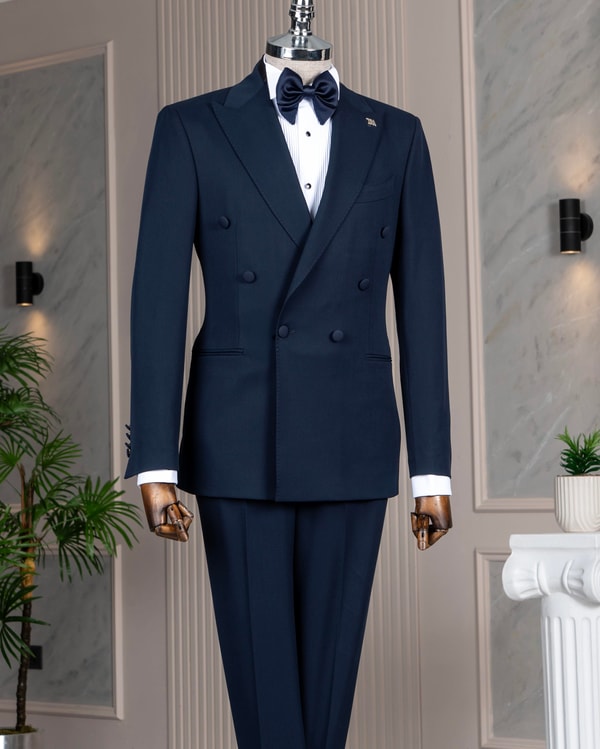 İtalyan stil kruvaze ceket pantolon takım elbise lacivert T14390