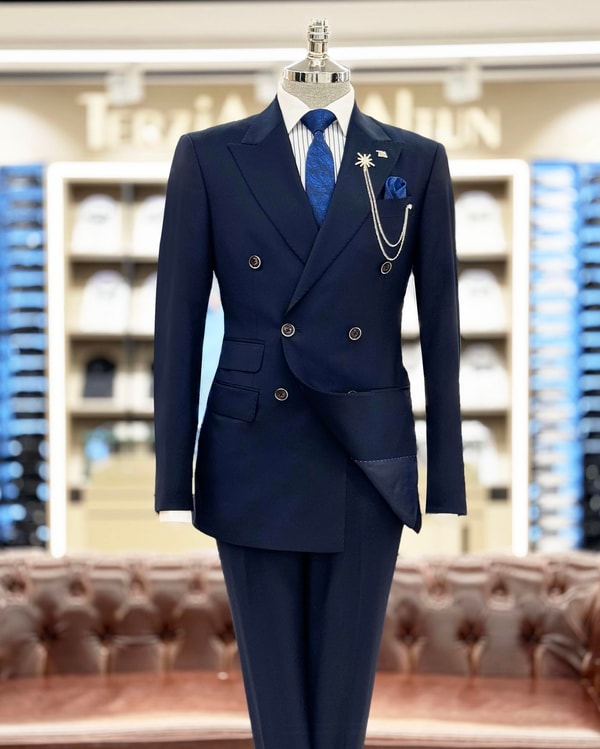 İtalyan stil kruvaze ceket pantolon takım elbise Lacivert T7904