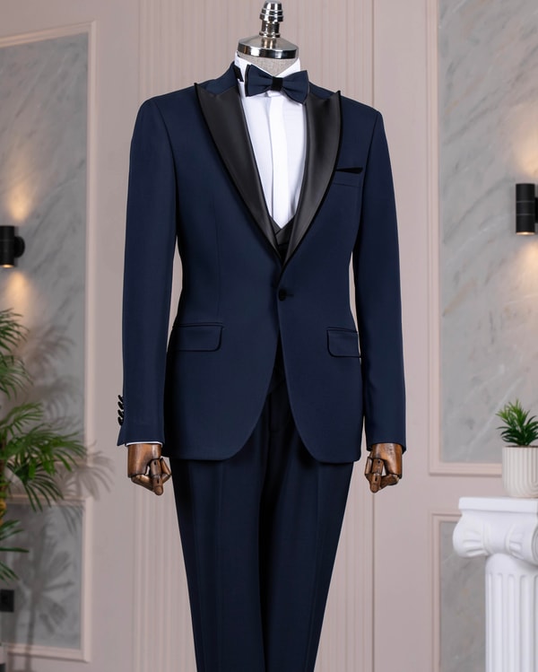 İtalyan stil şal yaka ceket yelek pantolon damatlık set lacivert T14272