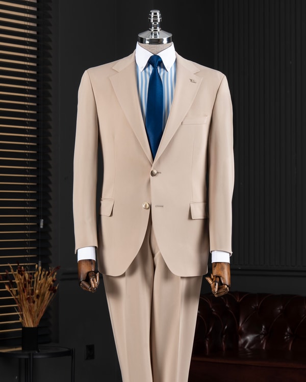 İtalyan stil slim fit 4 drop ceket pantolon takım elbise bej T14325