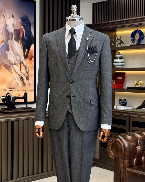 İtalyan stil slim fit 4 drop ceket yelek pantolon takım elbise siyah T12124