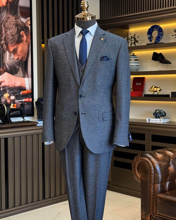 İtalyan stil slim fit 4 drop ceket yelek pantolon takım elbise lacivert T12132