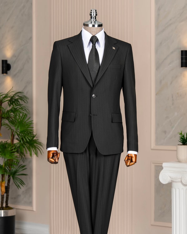 İtalyan stil slim fit 4 drop çizgili ceket pantolon takım elbise siyah T14410