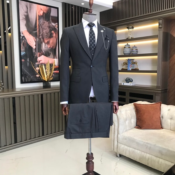 İtalyan stil slim fit 8 drop ceket yelek pantolon takım elbise antrasit T9989
