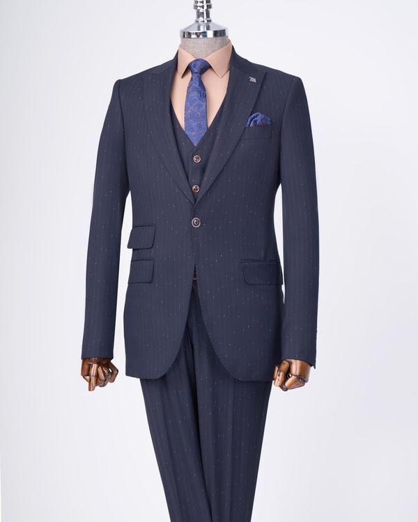 İtalyan stil slim fit 8 drop ceket yelek pantolon takım elbise Lacivert T13357