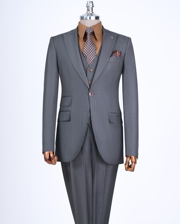 İtalyan stil slim fit 8 drop ceket yelek pantolon takım elbise gri T13360