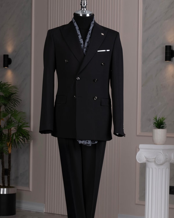 İtalyan stil slim fit 8 drop kruvaze ceket pantolon takım elbise siyah T14587