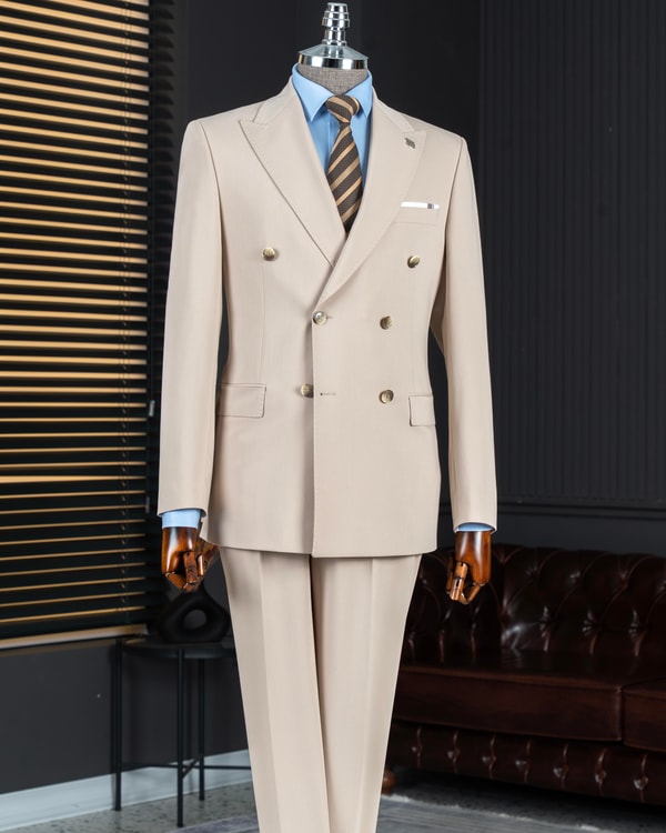 İtalyan stil slim fit 8 drop kruvaze ceket pantolon takım elbise bej T14590