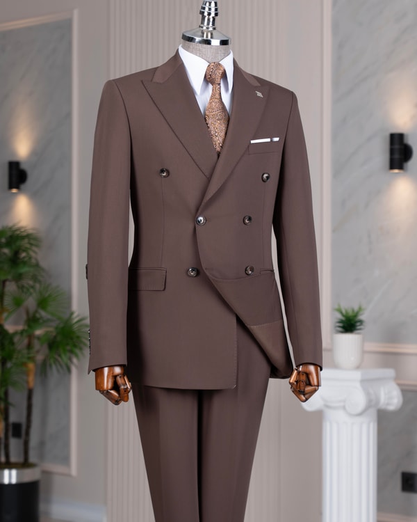 İtalyan stil slim fit 8 drop kruvaze ceket pantolon takım elbise kahverengi T14589