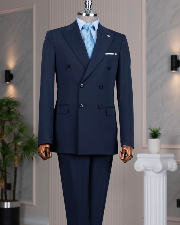 İtalyan stil slim fit 8 drop kruvaze ceket pantolon takım elbise lacivert T14588