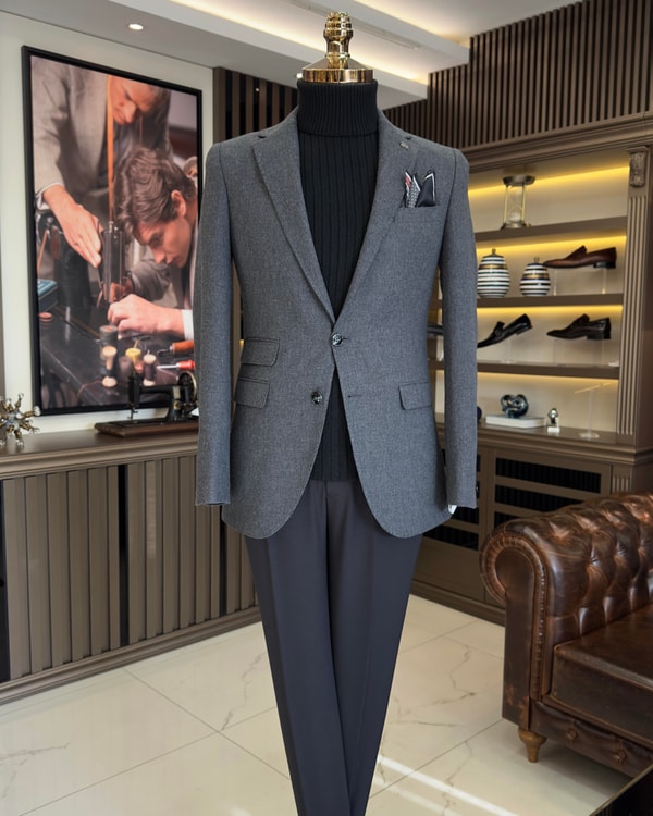 İtalyan stil slim fit 8 drop mono yaka erkek ceket antrasit T10984