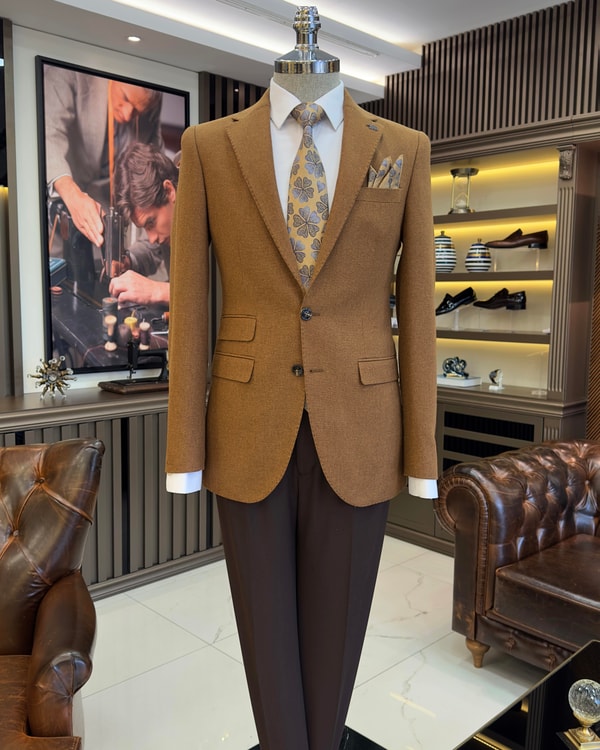 İtalyan stil slim fit 8 drop mono yaka erkek ceket camel T10982
