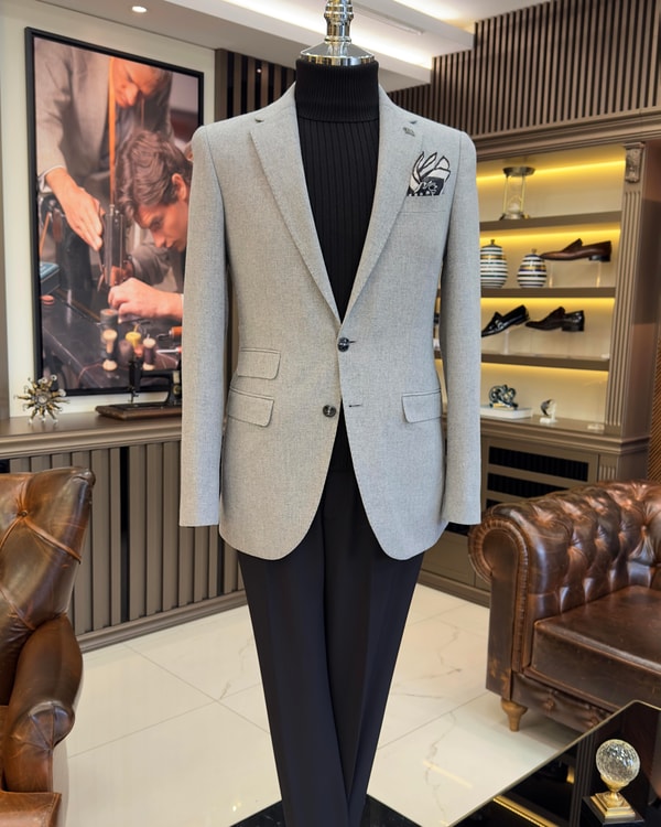 İtalyan stil slim fit 8 drop mono yaka erkek ceket gri T10985