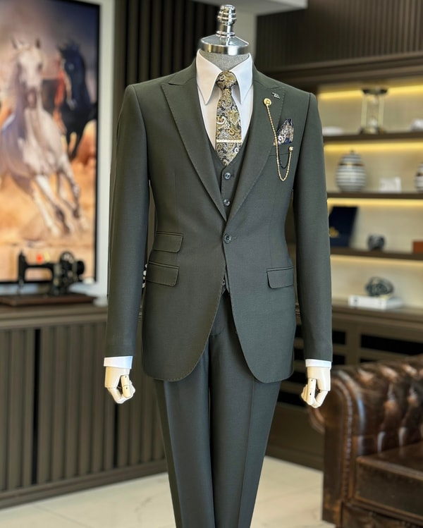 İtalyan stil slim fit armür desenli ceket yelek pantolon takım elbise yeşil T11488