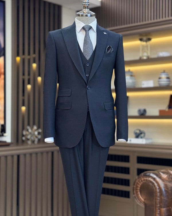 İtalyan stil slim fit armür desenli ceket yelek pantolon takım elbise lacivert T11489