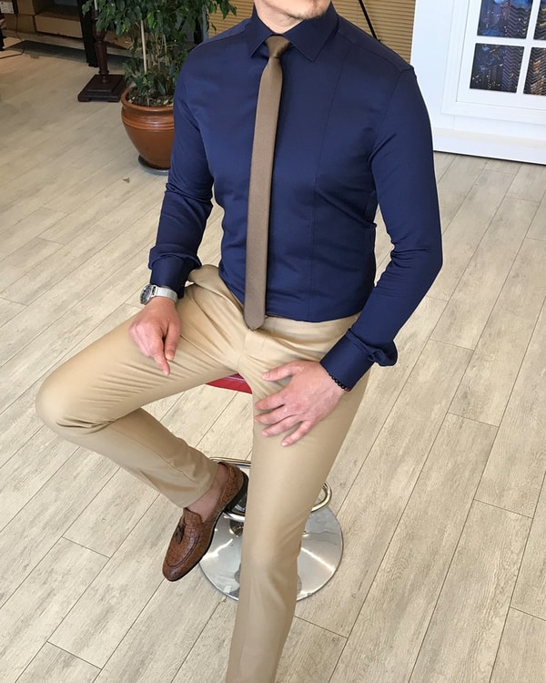 İtalyan stil slim fit armürlü kravat yaka gömlek Lacivert T4768