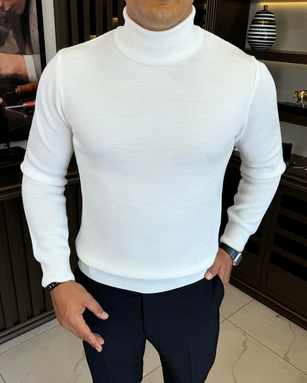 İtalyan stil slim fit balıkçı yaka triko erkek kazak ekru T13222