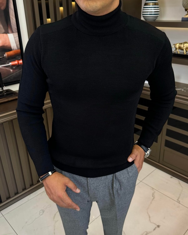 İtalyan stil slim fit balıkçı yaka triko erkek kazak siyah T13226