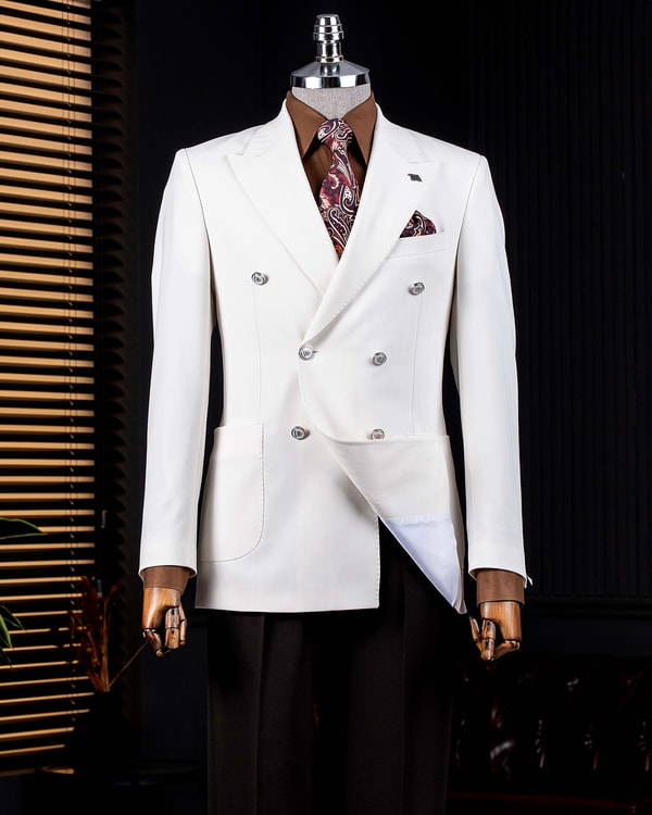 İtalyan stil slim fit balıksırtı desen kruvaze erkek tek ceket ekru T14080