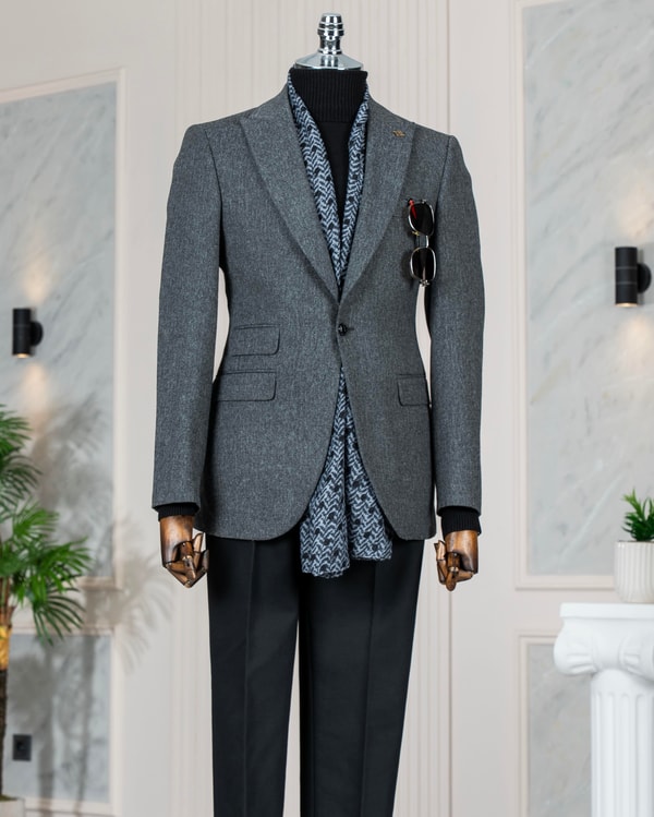 İtalyan stil slim fit balıksırtı desen erkek ceket antrasit T13052