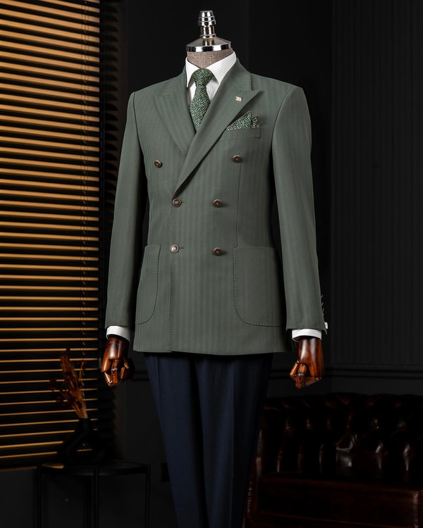 İtalyan stil slim fit balıksırtı desen kruvaze erkek tek ceket yeşil T14076