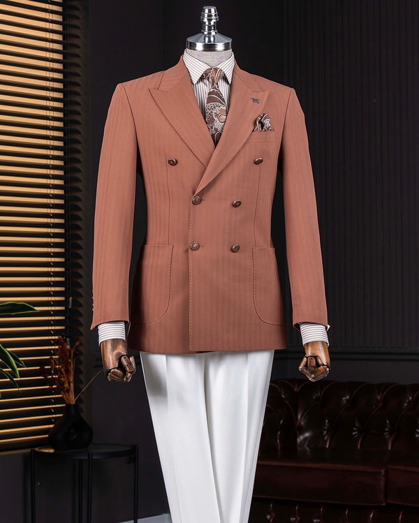 İtalyan stil slim fit balıksırtı desen kruvaze erkek tek ceket kahverengi T14075