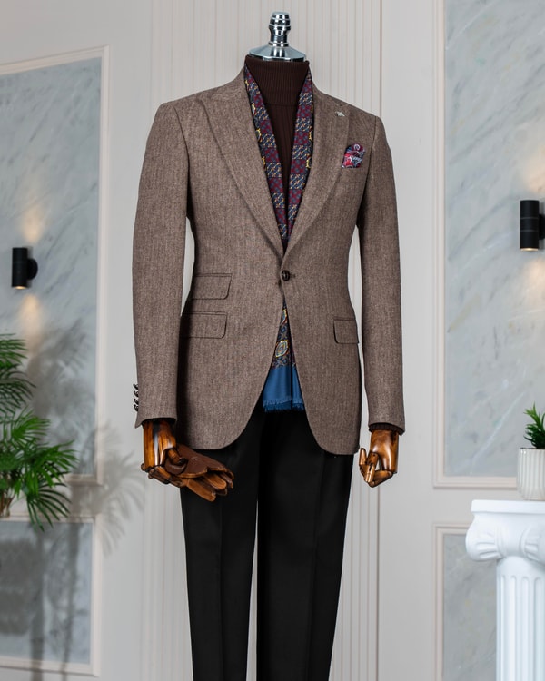 İtalyan stil slim fit balıksırtı desen erkek tek ceket kahverengi T13298