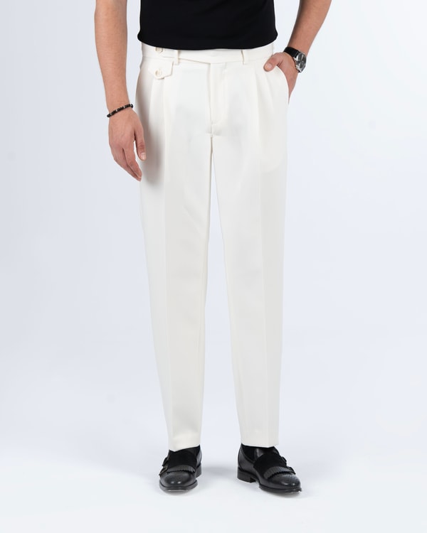 İtalyan stil slim fit bel detaylı erkek pantolon ekru T14137