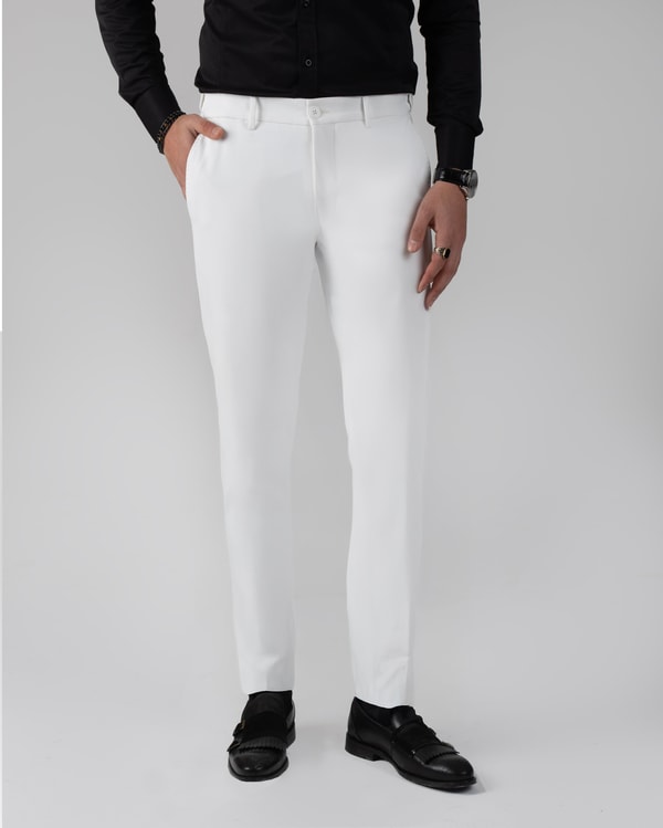 İtalyan stil slim fit bel detaylı erkek pantolon beyaz T13954