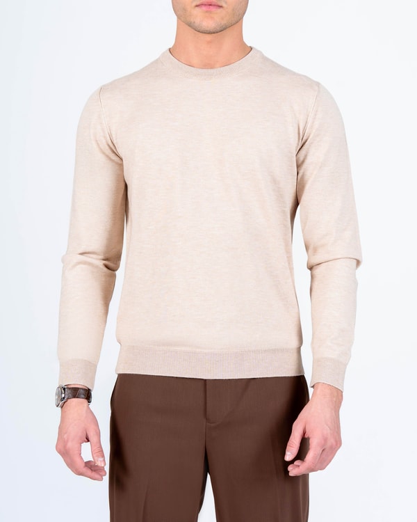 İtalyan stil slim fit bisiklet yaka erkek triko kazak bej T15082