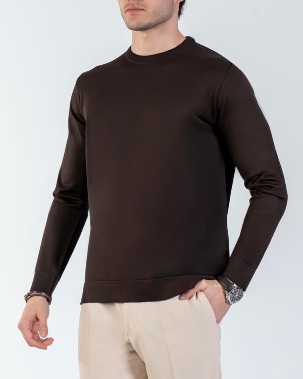 İtalyan stil slim fit bisiklet yaka triko kazak kahverengi T14506
