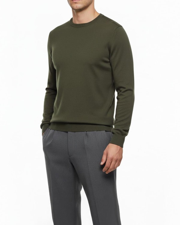 İtalyan stil slim fit bisiklet yaka triko kazak haki T14499