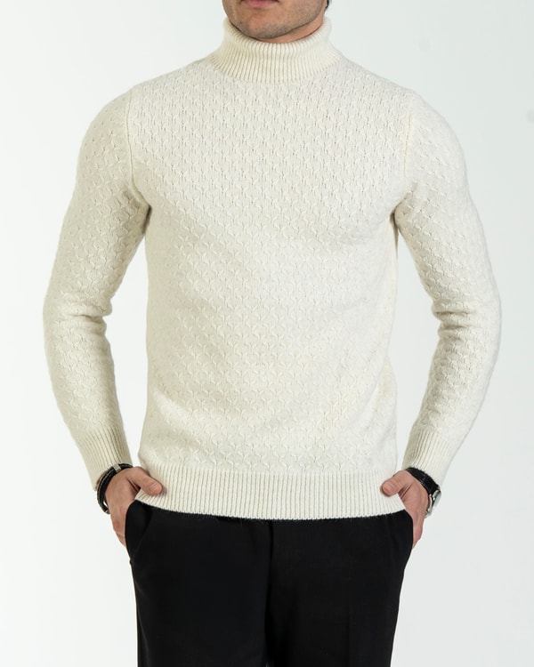 İtalyan stil slim fit boğazlı erkek triko kazak ekru T13009